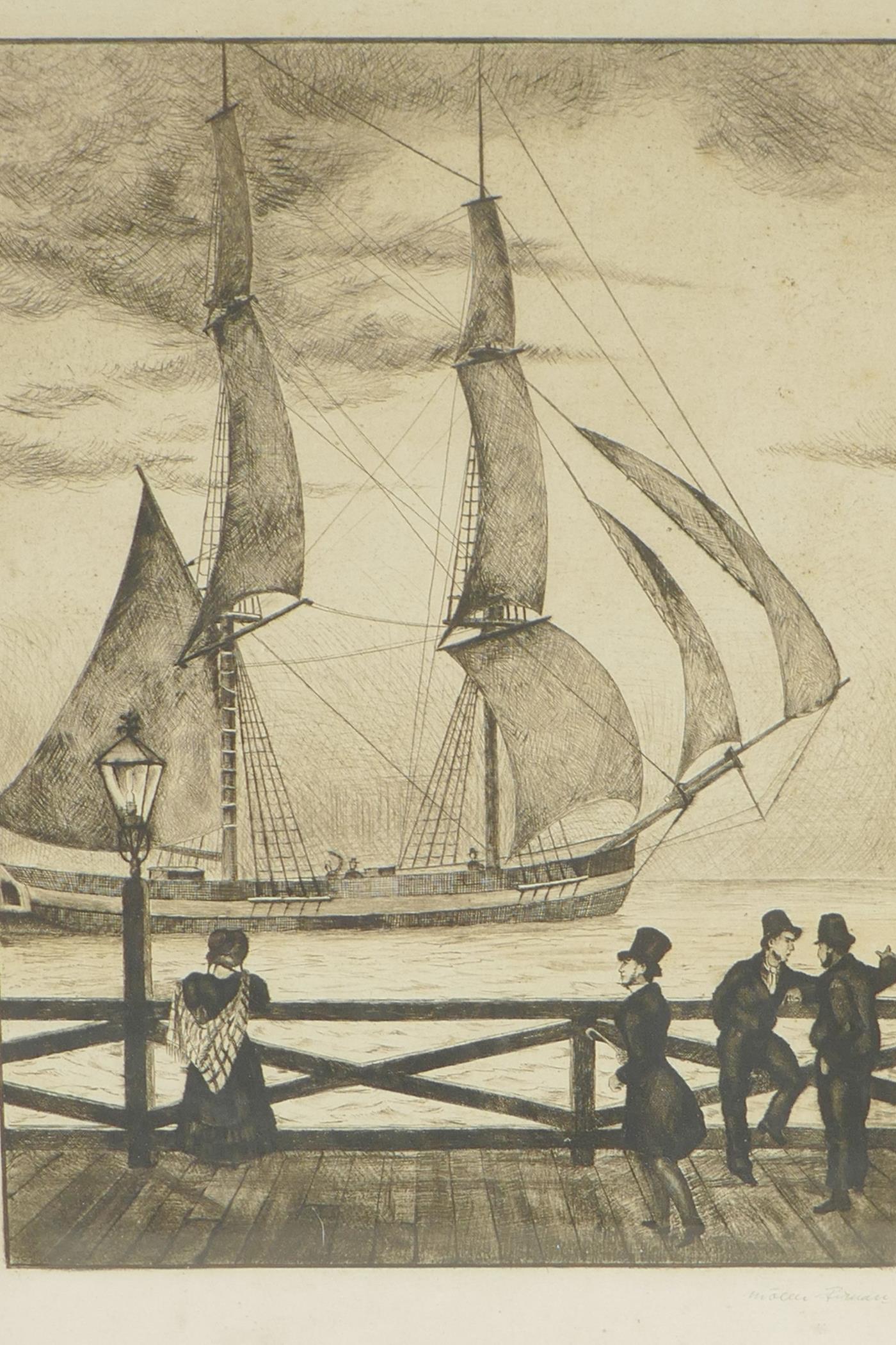 A black and white etching, figures on a dock watching a Baltic sailing cutter, pencil signed