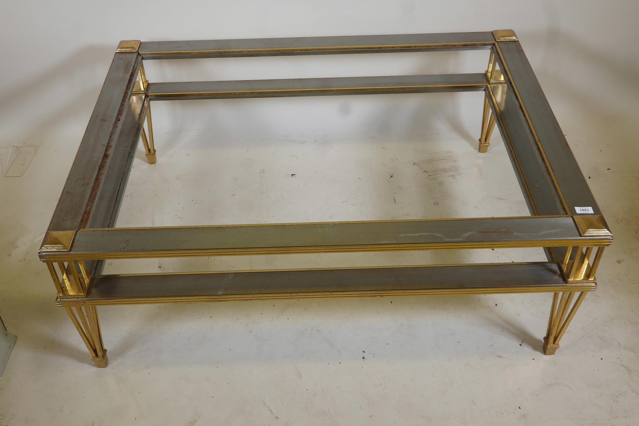 A 'Hollywood Regency' brushed steel and brass two tier occasional table in the manner of Zevi, - Image 2 of 2