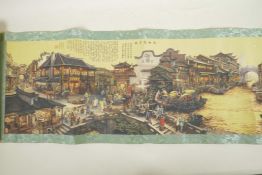 A Chinese printed scroll depicting an extensive cityscape with waterways, main image 51" x 10½"