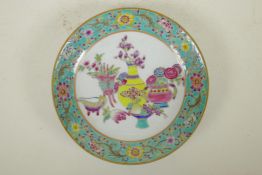 A Chinese famille rose enamelled porcelain cabinet dish decorated with objects of virtue, 6