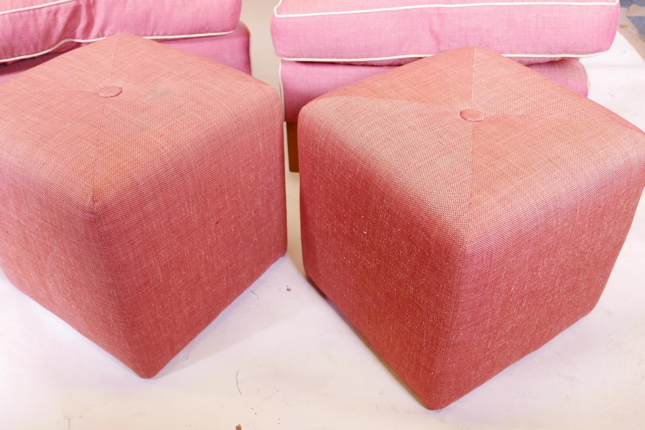 A pair of deep back contemporary armchairs, raised on tapering supports, each with a footstool, - Image 2 of 4