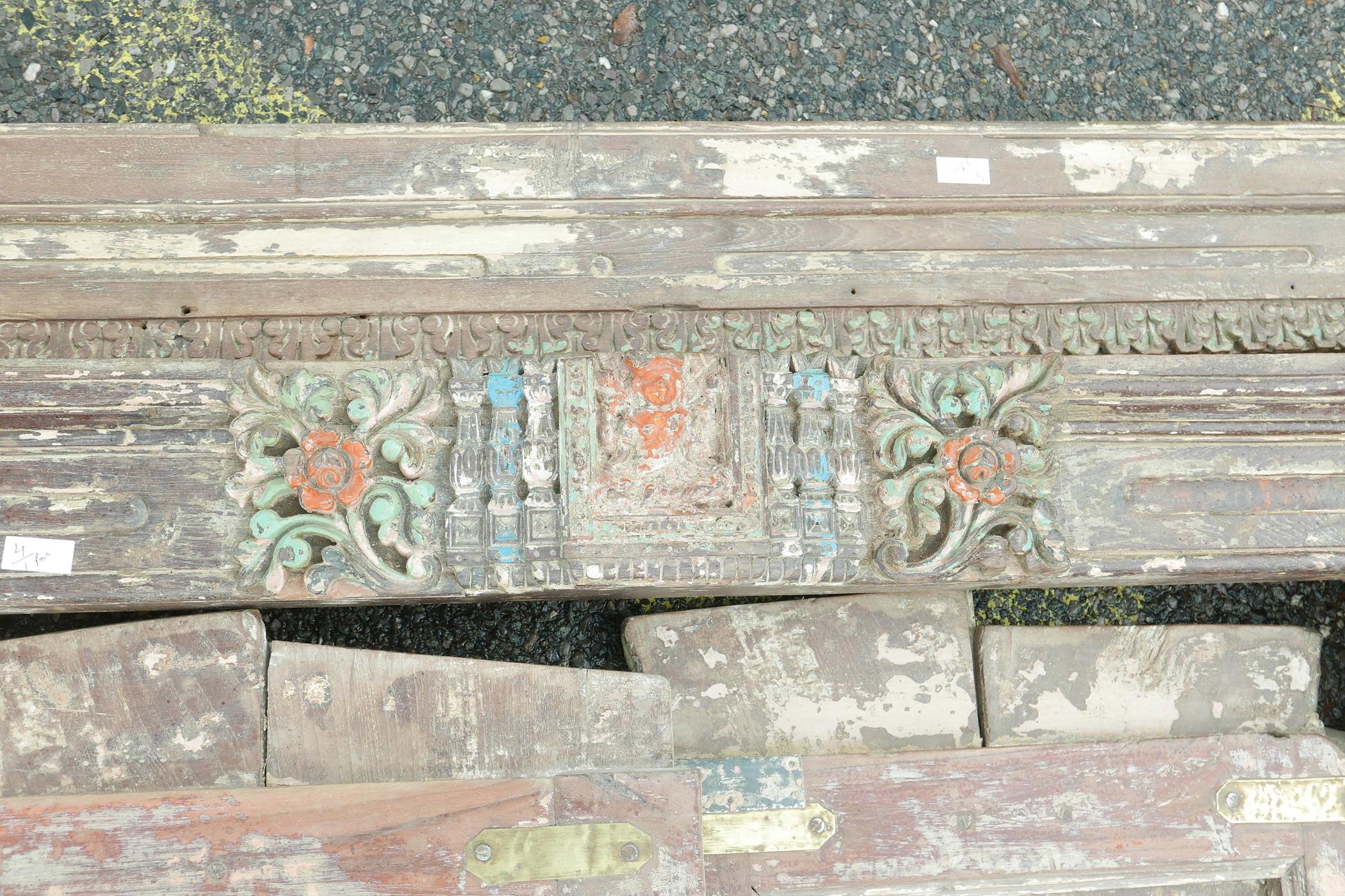 Architectural salvage: A pair of Indian teak storm doors and frame, with carved details, each door - Image 3 of 6