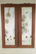 A pair of Chinese Republic period porcelain panels depicting cranes, fruit and flowers, in carved