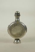 A Chinese white metal snuff bottle set with a coin, marks to base, 4" high