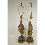 A pair of Continental terracotta lamp bases of male and female musicians dressed in traditional