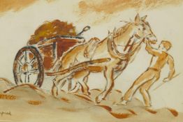 Figure with a horse drawn cart, signed 'Blampied', mixed media painting on paper, 7" x 9½"