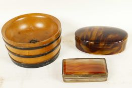 A C19th gilt metal and agate pill box, 2¼" long, A/F, together with a faux tortoiseshell, oval
