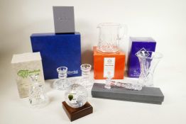 A selection of six good pieces of lead crystal glass, a pair of Waterford Crystal pillar candle