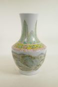 A Chinese polychrome porcelain vase decorated with landscape scenes, inscription verso, 6