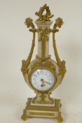 A C19th French ormolu and alabaster boudoir clock, the swept side columns with cockerel head