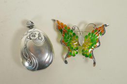 A 925 silver plique a jour brooch in the form of a butterfly, and a Chinese white metal pendant with