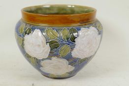 A Royal Doulton stoneware jardiniere with tube lined decoration of roses, 9" diameter
