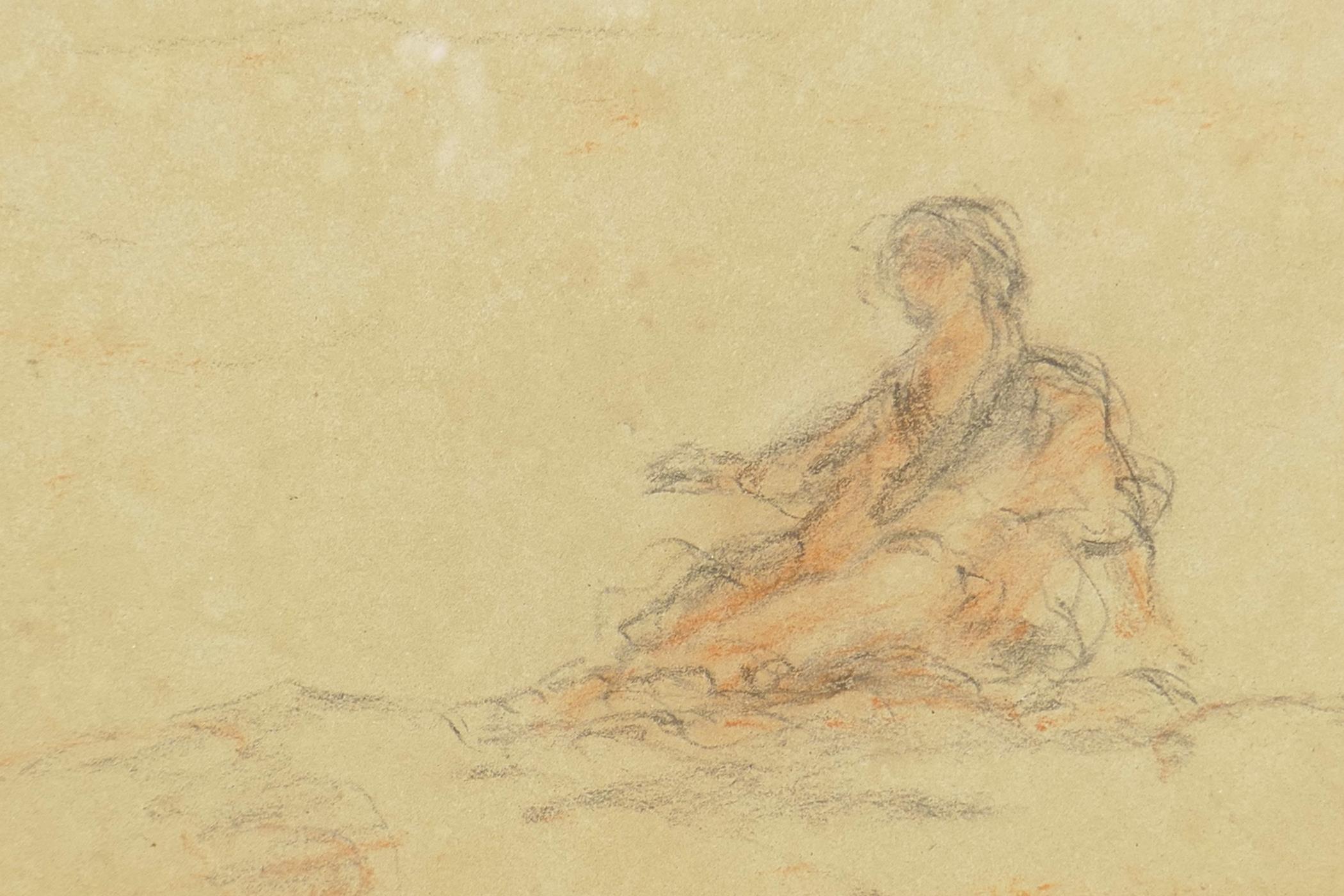 Study of a lady seated in a landscape, early C18th, charcoal drawing highlighted with red chalk,