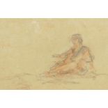 Study of a lady seated in a landscape, early C18th, charcoal drawing highlighted with red chalk,
