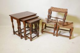 A nest of three oak tables with turned supports, and three turned cane and oak stools, largest 19" x