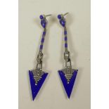 A pair of 925 silver and lapis lazuli Art Deco style drop earrings, 2½" drop