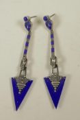 A pair of 925 silver and lapis lazuli Art Deco style drop earrings, 2½" drop