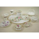 A collection of decorative porcelain including a floral decorated dressing table set, tray 11" x 9"