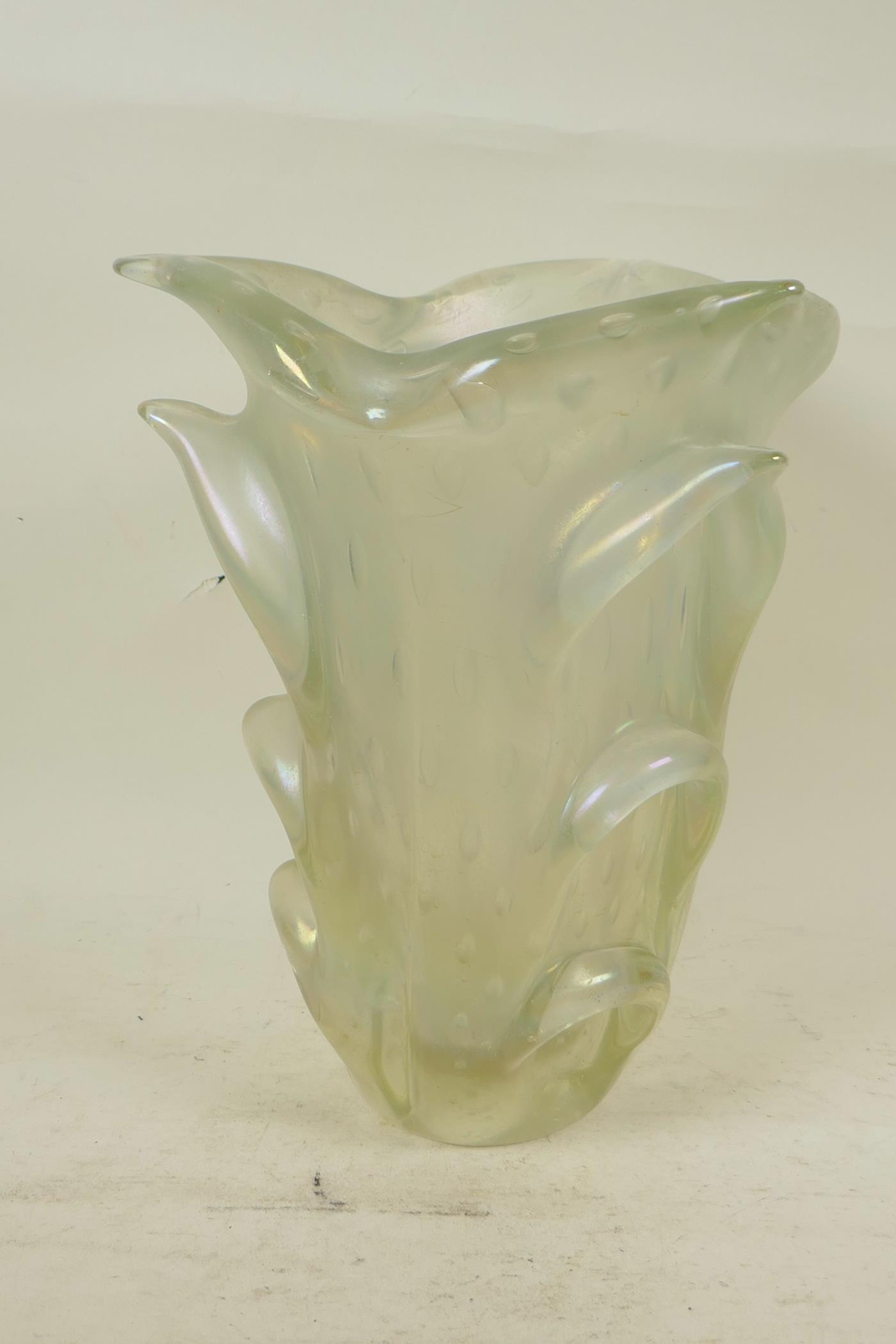 A studio vaseline glass vase of organic form, 11" high