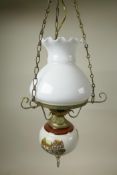 A mid century milk glass hurricane hanging lamp, being a swag light fixture suspended by a trio of