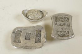 Three Chinese white metal trade tokens/ingots, 2" long