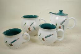 A set of three Denby Greenwheat graduated jugs and a matching coffee pot, 7¼" high