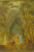 Attributed to AJ Woolmer, figures on steps in a wooded arbour, mid C19th oil on canvas laid on