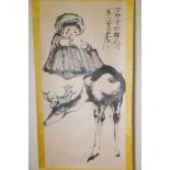 A Chinese watercolour scroll decorated with a child and deer, 27" x 53"