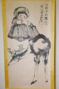 A Chinese watercolour scroll decorated with a child and deer, 27" x 53"