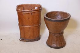 A pine log bin, 23" high and a hardwood vessel, A/F