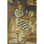 Jules Hansen, early C20th, Cubist still life, oil on canvas laid on board, 17" x 24"