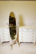 A pair of painted four drawer chests with brass handles and a cheval mirror, 31" x 18" x 32"