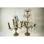 Two similar brass and crystal drop table candelabra lamps, A/F, 21" high