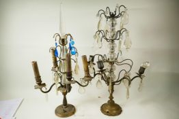 Two similar brass and crystal drop table candelabra lamps, A/F, 21" high