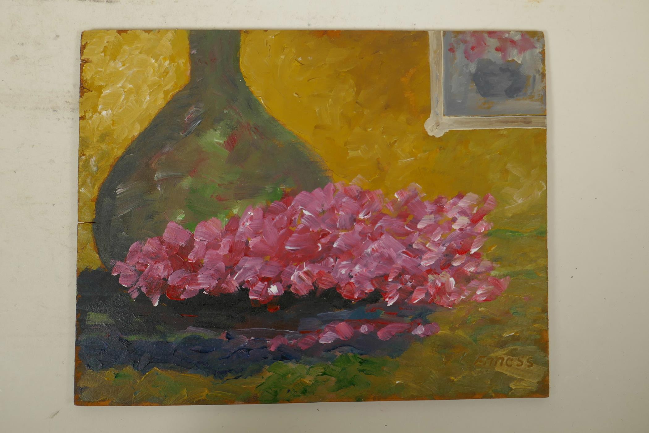 Still life with flowers and an antique wine bottle, signed 'Enness', 9½" x 11½" - Image 2 of 4