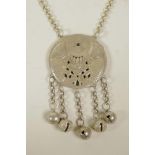 A Chinese white metal chatelaine style necklace with carp and lotus flower decoration