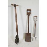 A vintage 'D' handled gardener's spade, fork and border cutter, stamped Atco, 44" high