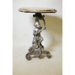 A C19th carved giltwood table, raised on a column carved as a putti bearing a cornucopia, raised