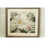 A limited edition colour print, 'woman and children by the sea', signed Mike Tingle, no 37/75,