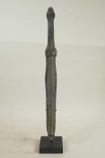 A Chinese archaic style bronze dagger on a display stand, 16" high