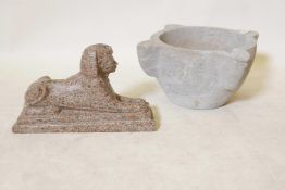 A vintage stone mortar and reconstituted stone figure of a sphinx, 11½" x 7"