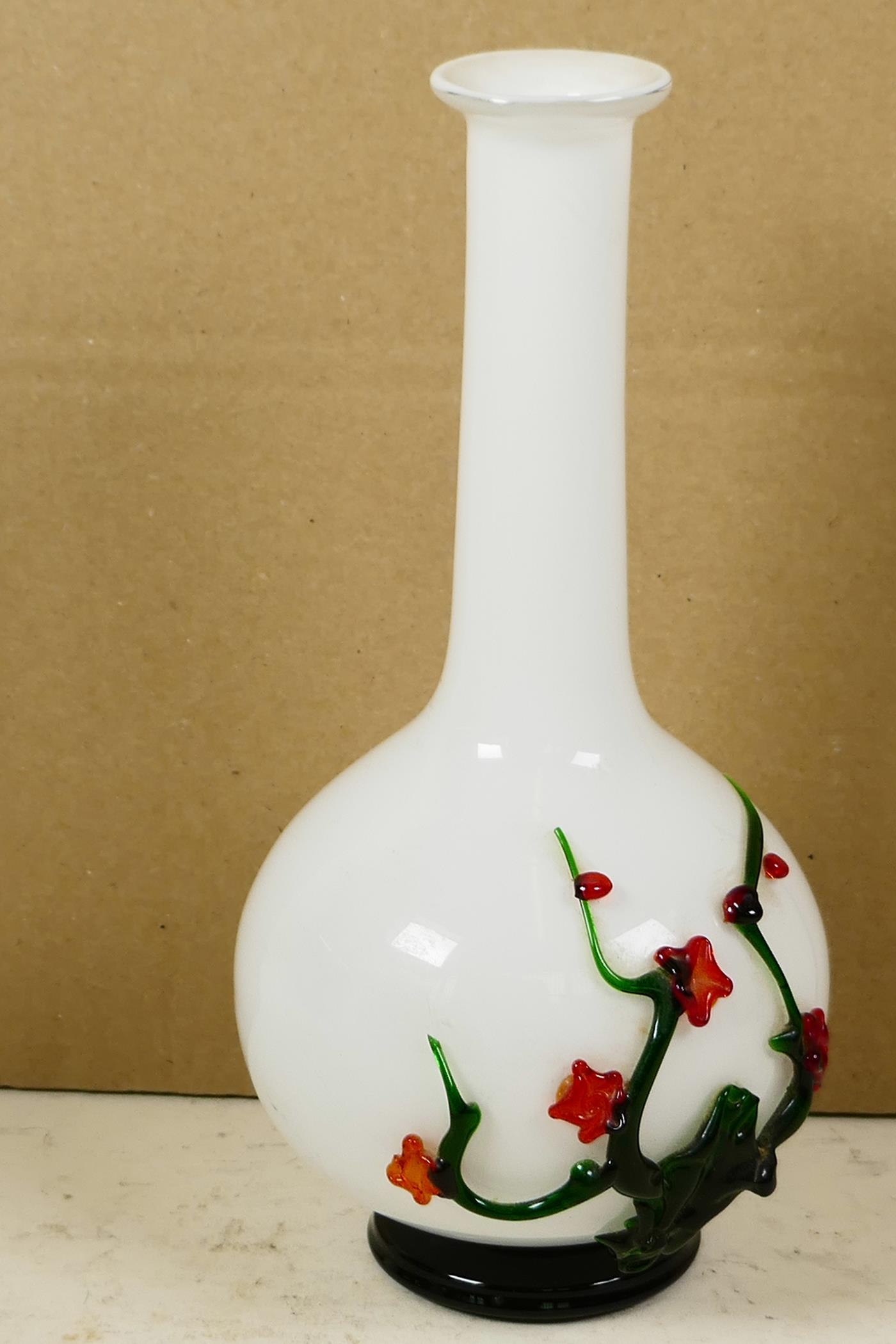 An unusual long necked white specimen vase with bulbous base, having applied decoration of a - Image 4 of 4