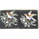 A pair of C19th pietra dura tiles decorated with birds on flowering branches, 4" square
