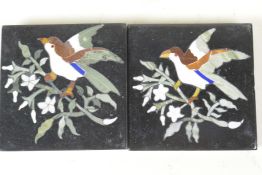 A pair of C19th pietra dura tiles decorated with birds on flowering branches, 4" square