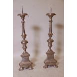A good pair of C18th watergilt wood pricket candlesticks, 31" high