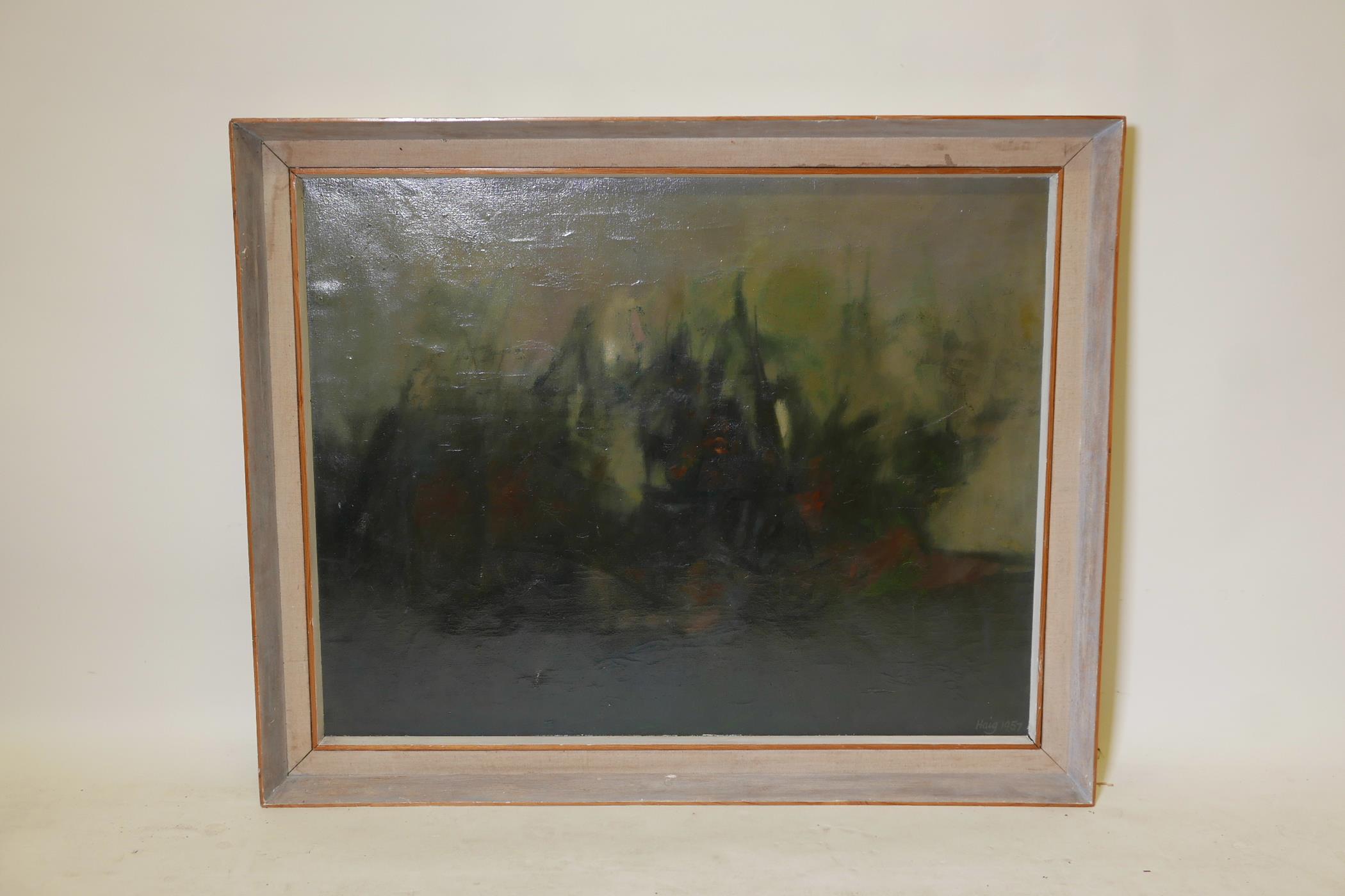 Henry Haig, Foggy Hedge, Little Bookham, abstract, 1957, oil on canvas, 38" x 30" - Image 2 of 8