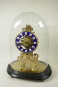 A replica brass skeleton clock with fusee movement and blue enamel chapter ring in Roman numerals,
