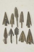 A collection of ten archaic style bronze arrowheads