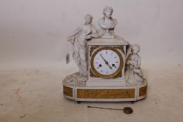 A C19th French Parian cased mantel clock with classical depictions of art and industry, inset ormolu