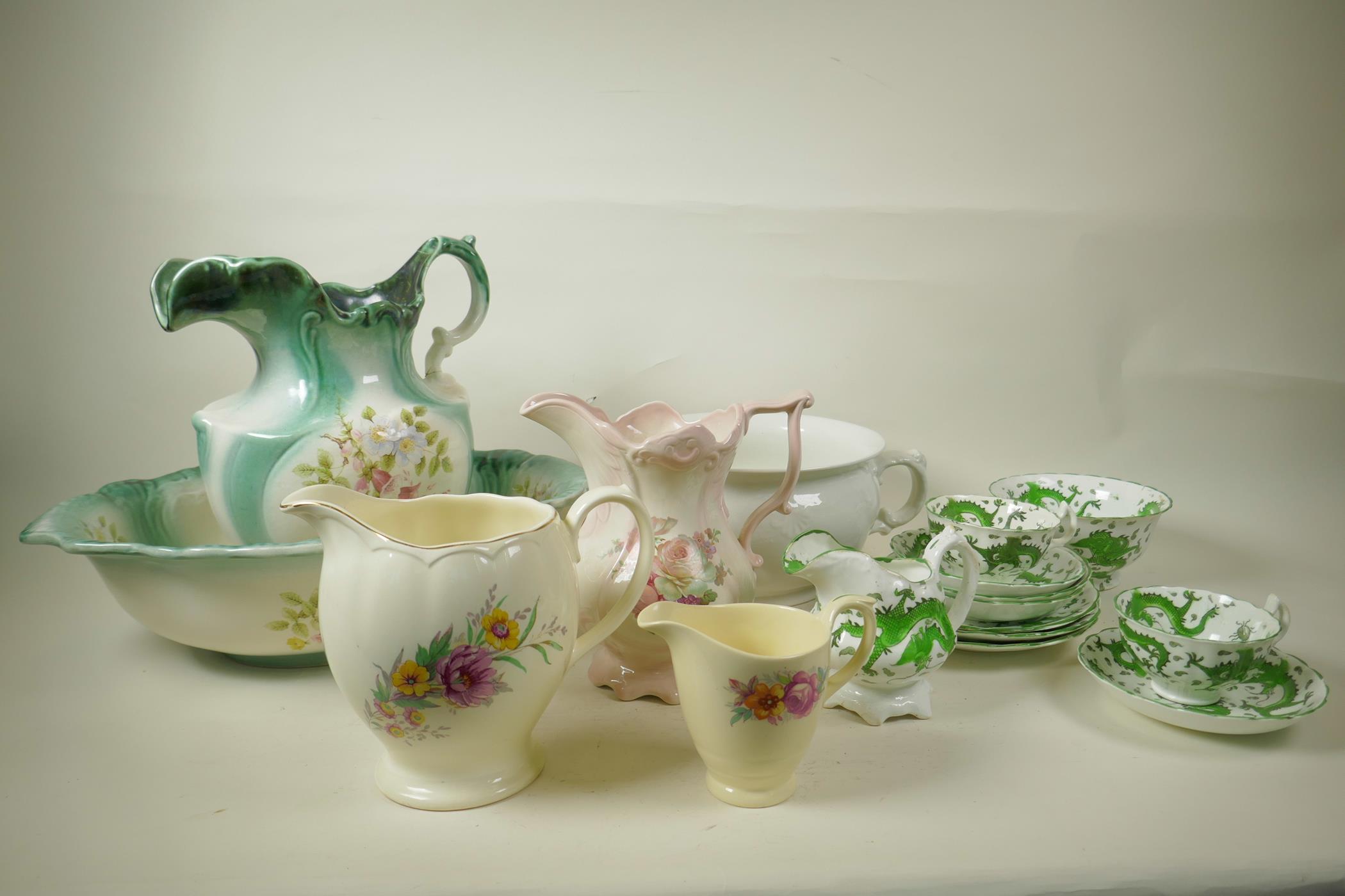 A quantity of Victorian ceramics including a part tea service of C19th Asbury Longton Green Dragon